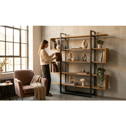 REGAŁ NA KSIĄŻKI METALOWE DREWNO LITE DĄB JESION OLCHA RNK-110